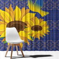 Blue sunflower window curtain panel with dove and folk pattern, close-up angle