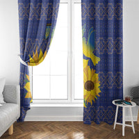 Blue sunflower window curtains with folk pattern and dove motif, side view by door