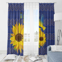 Blue sunflower window curtains with dove motif and folk pattern, bedroom setup