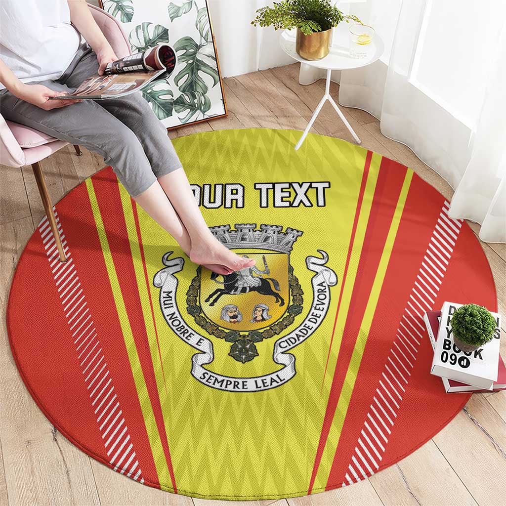 Round red and yellow rug with crest logo and bold 'YOUR TEXT' lettering
