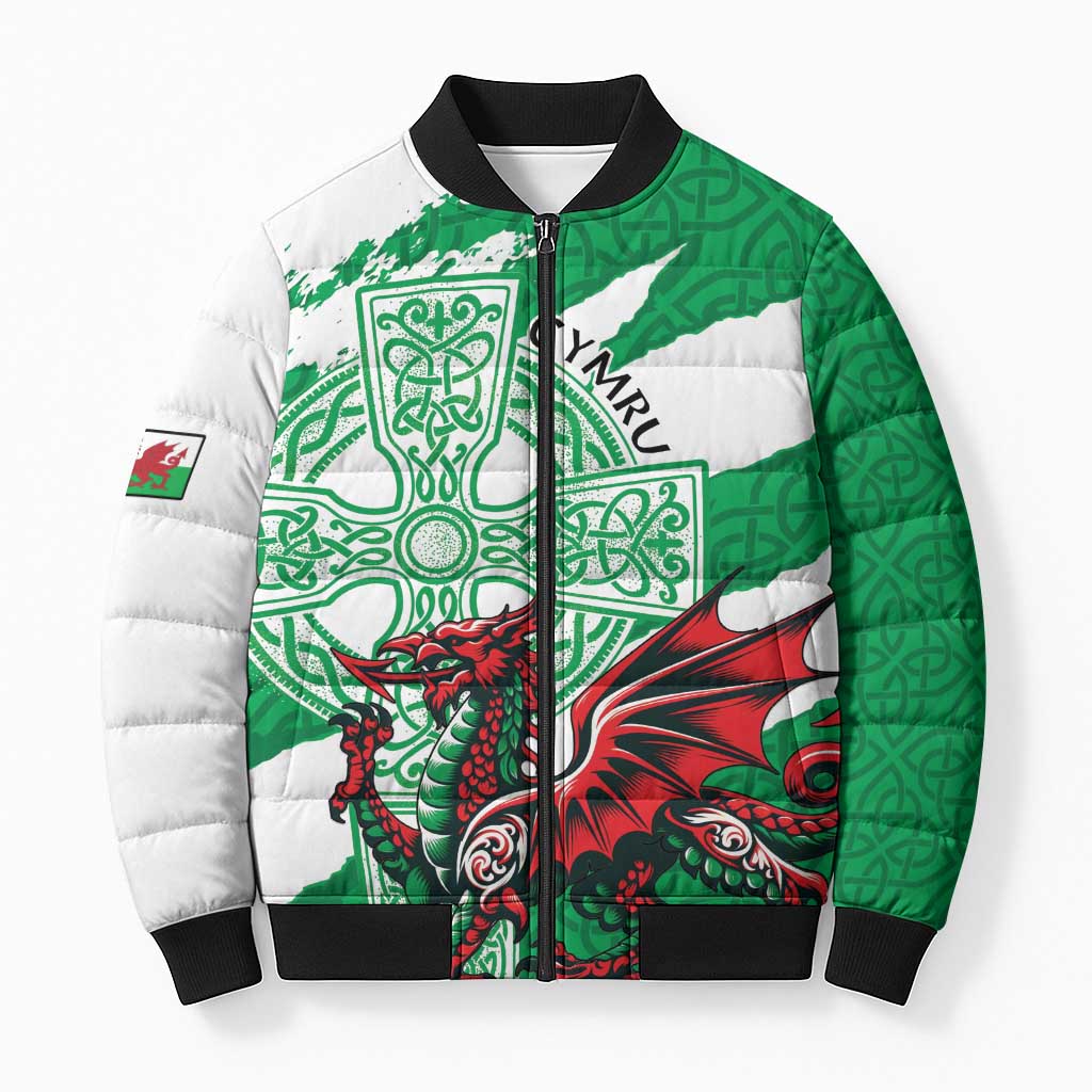 Wales Celtic Cross Bomber Puffer Jacket Cymru Am Byth Green Version - Wonder Print Shop