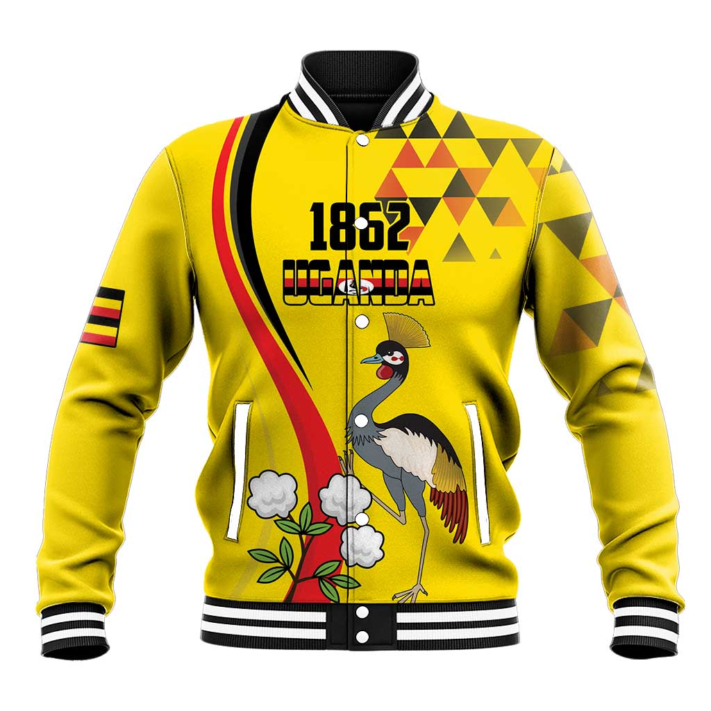 Yellow baseball jacket with crowned crane bird graphic, striped rib collar and cuffs