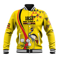Yellow baseball jacket with crowned crane bird graphic, striped rib collar and cuffs