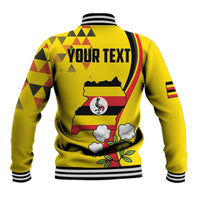 Yellow baseball jacket back with Uganda map and flag, 'YOUR TEXT' print, striped rib hem
