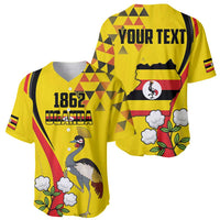 Yellow baseball jersey front and back: 1862 Uganda crane art and YOUR TEXT design