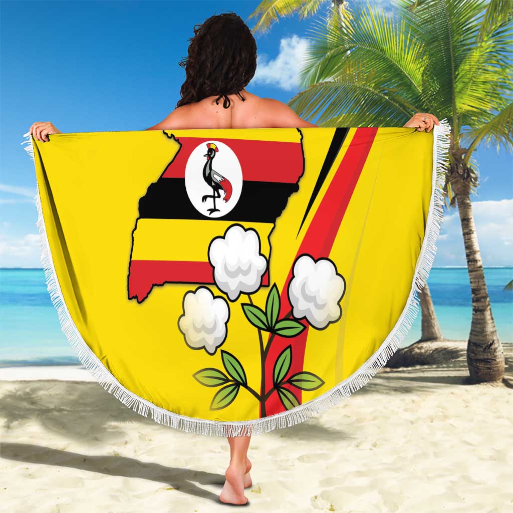 Yellow round beach blanket with white fringe, held up, Uganda crowned crane and 'YOUR TEXT'.