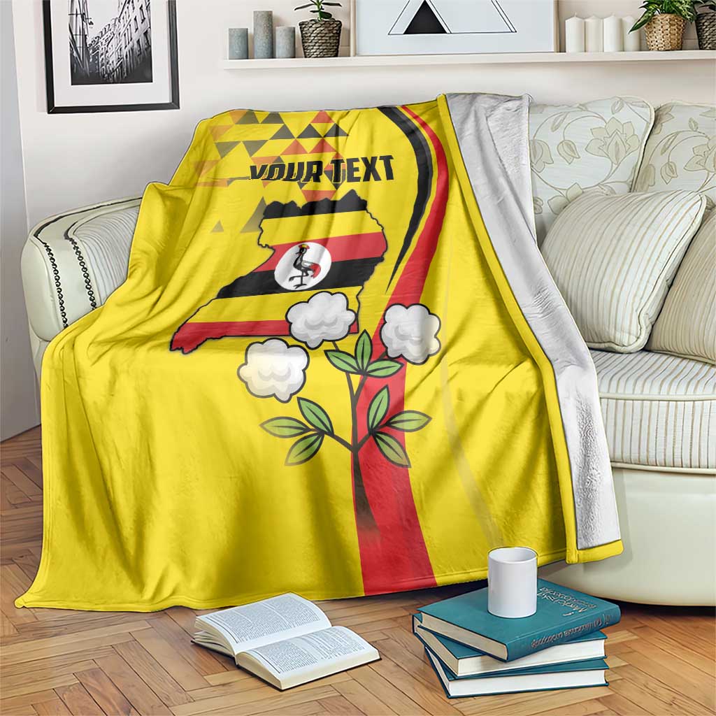 Yellow Independence Day blanket with crowned crane bird, Uganda map graphic, and custom text