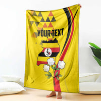 Yellow Independence Day blanket, custom text over Uganda map with crowned crane and flowers
