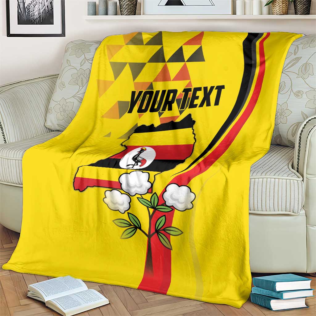 Yellow Independence Day blanket close drape with custom text, crowned crane bird, Uganda map