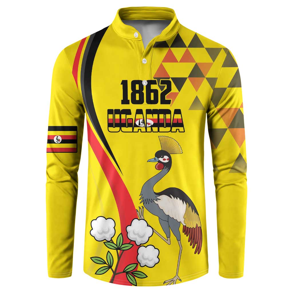 Yellow long-sleeve button sweatshirt with 1852 Uganda crane bird front graphic
