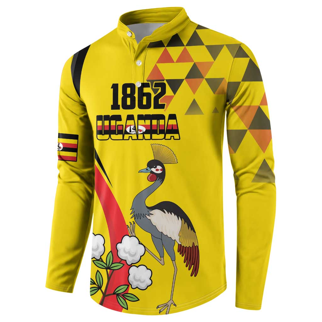 Yellow long-sleeve button sweatshirt with 1852 Uganda crane bird front, sleeve flag