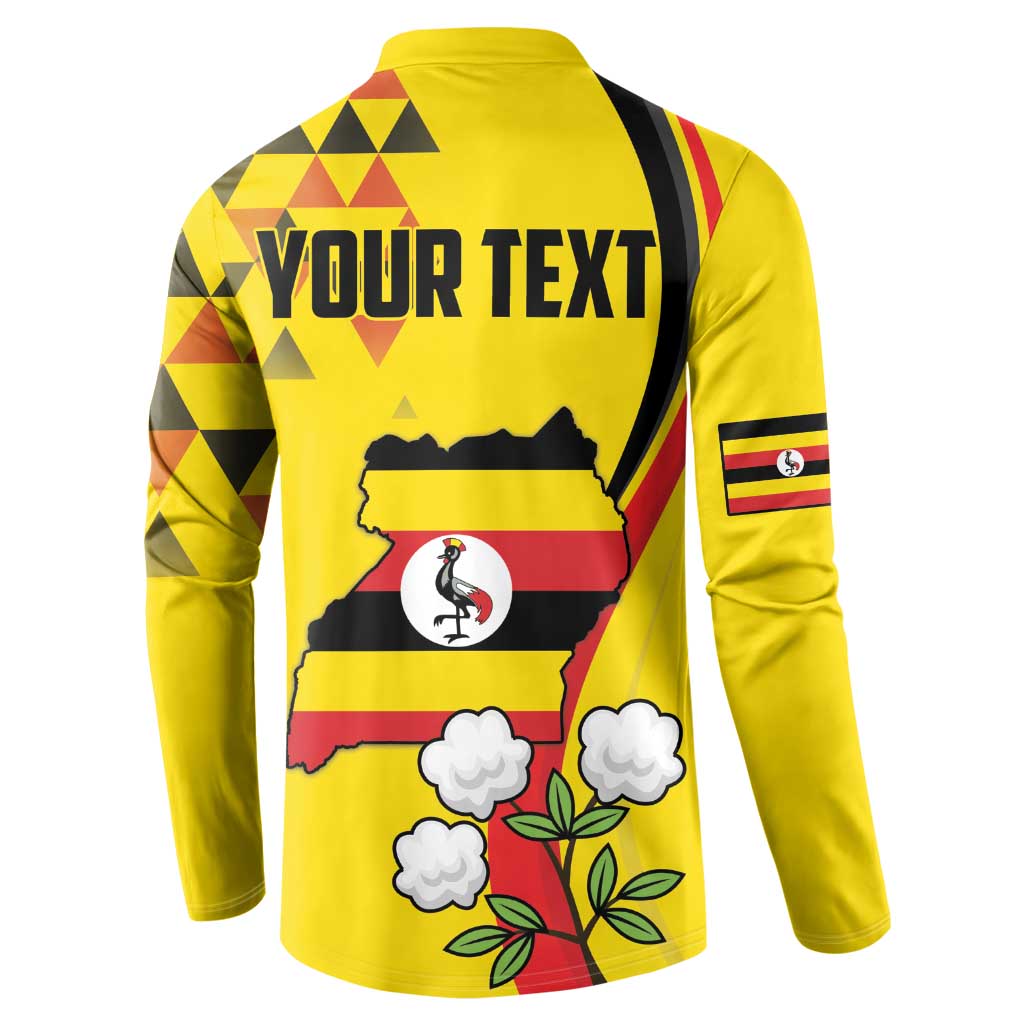 Yellow long-sleeve button sweatshirt, back graphic with YOUR TEXT and Uganda map