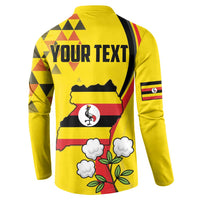 Yellow long-sleeve button sweatshirt, back graphic with YOUR TEXT and Uganda map