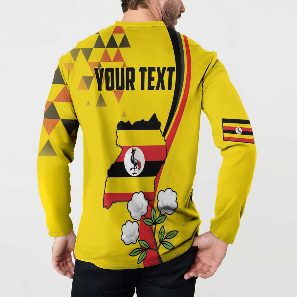 Yellow long-sleeve button sweatshirt, back graphic with YOUR TEXT and Uganda map outline