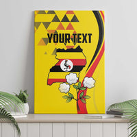 Yellow canvas wall art with crowned crane, flowers, and 'YOUR TEXT' text on shelf
