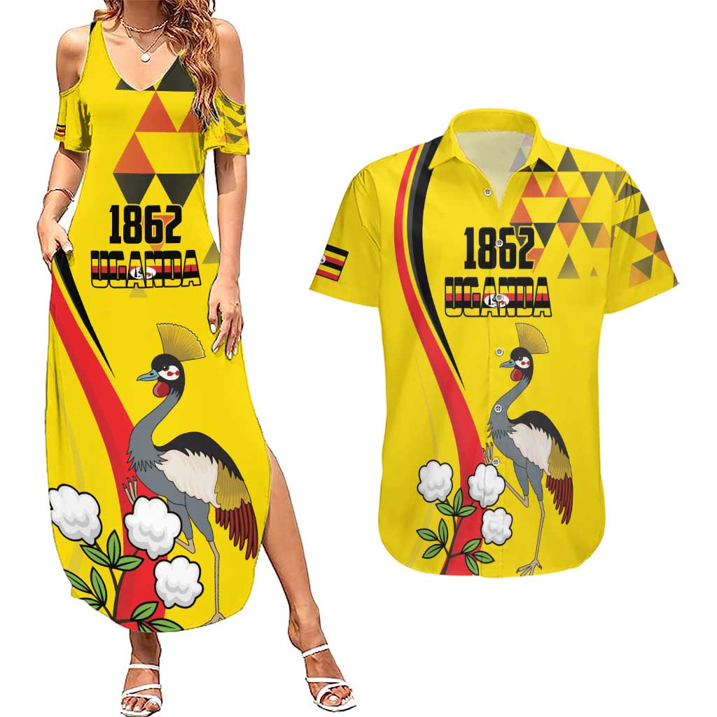 Personalized Uganda Independence Day Couples Matching Summer Maxi Dress and Hawaiian Shirt Grey Crowned Crane Bird - Wonder Print Shop