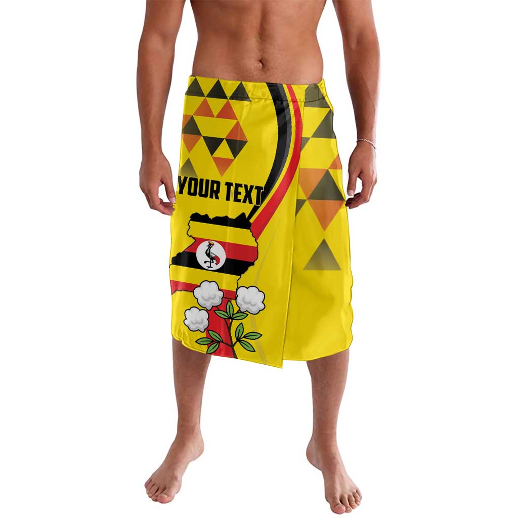 Yellow lavalava with geometric print and YOUR TEXT panel, bird emblem, red and green accents