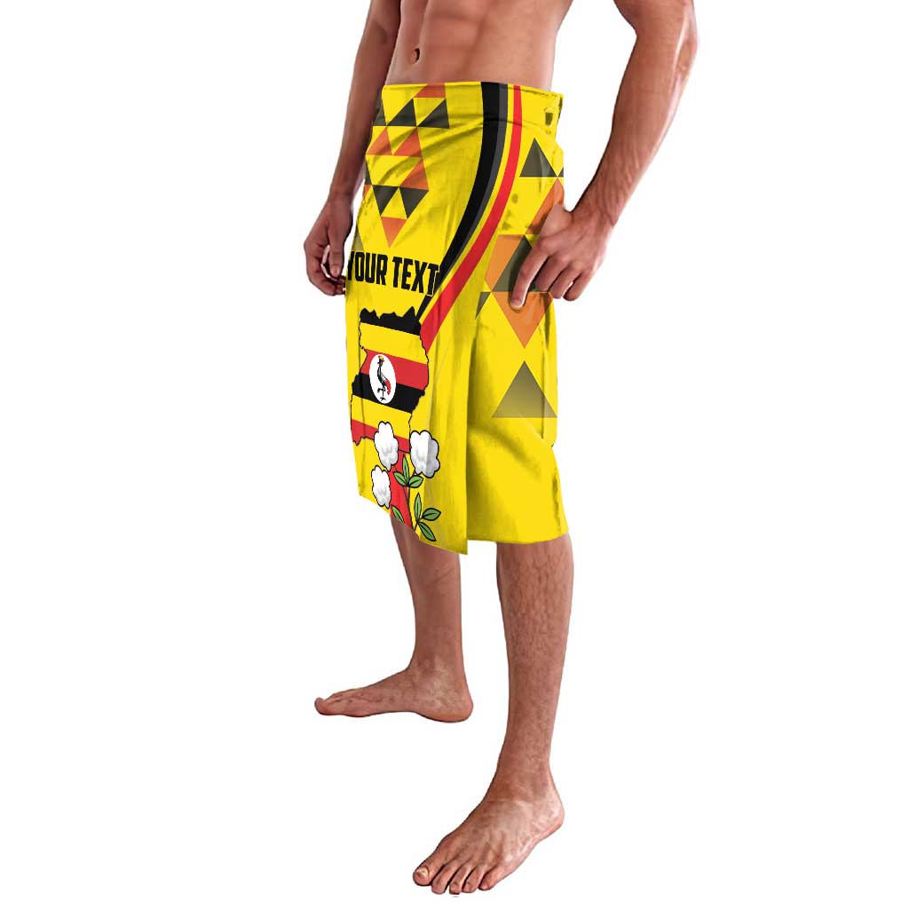 Yellow lavalava with geometric print, black border; side panel reads YOUR TEXT