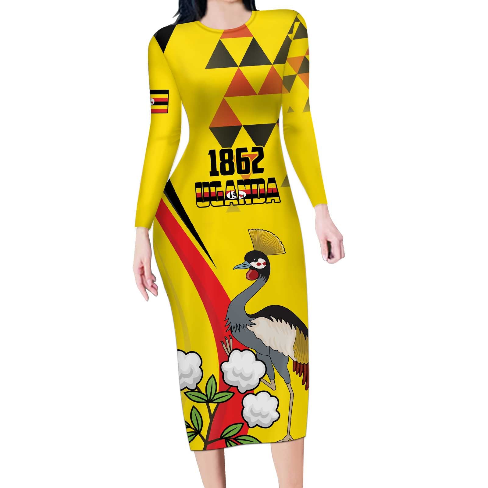 Personalized Uganda Independence Day Long Sleeve Bodycon Dress Grey Crowned Crane Bird - Wonder Print Shop