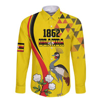 Yellow long-sleeve button shirt with front graphic of crowned crane and 1862 Uganda