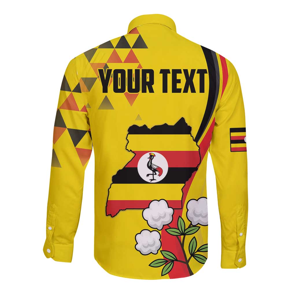 Yellow long-sleeve button shirt with back text and Uganda map flag graphic
