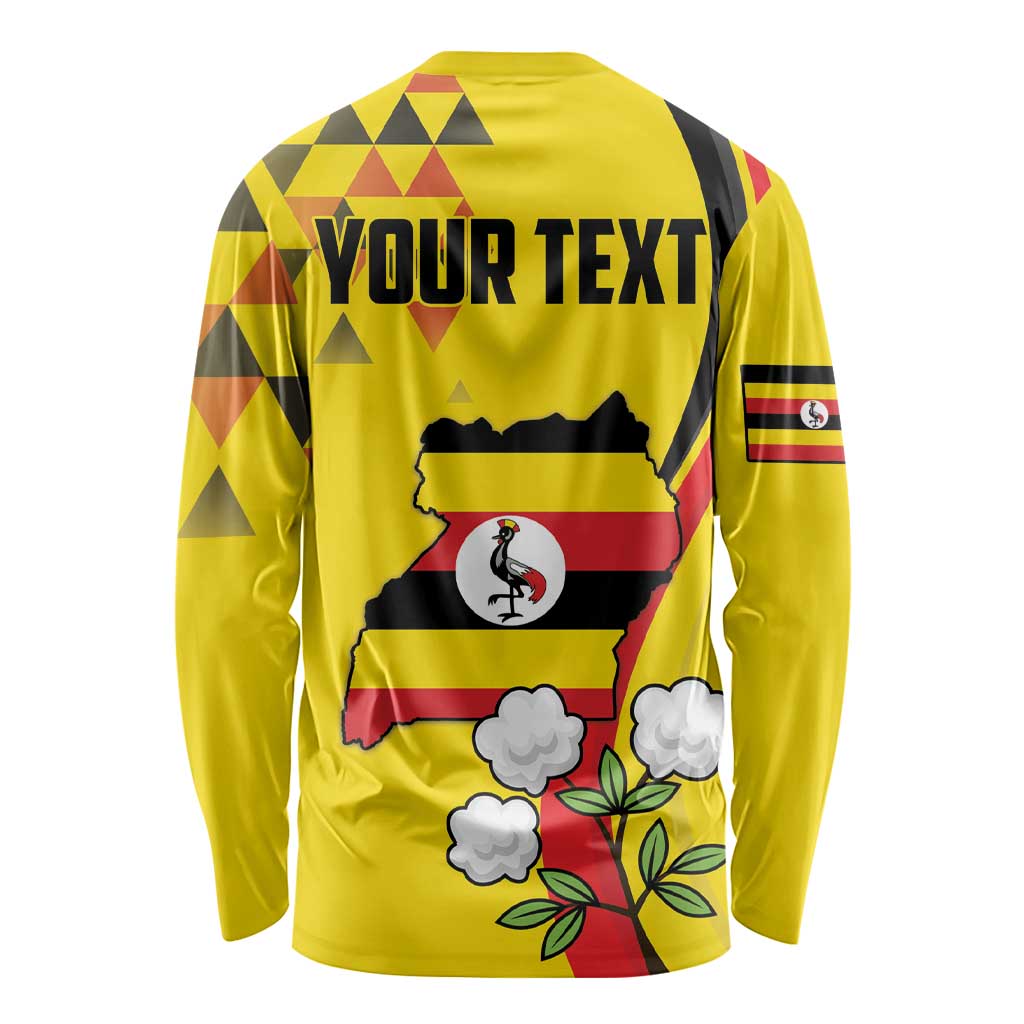 Yellow long-sleeve shirt back with “YOUR TEXT”, Uganda map, flag stripes, and crane art