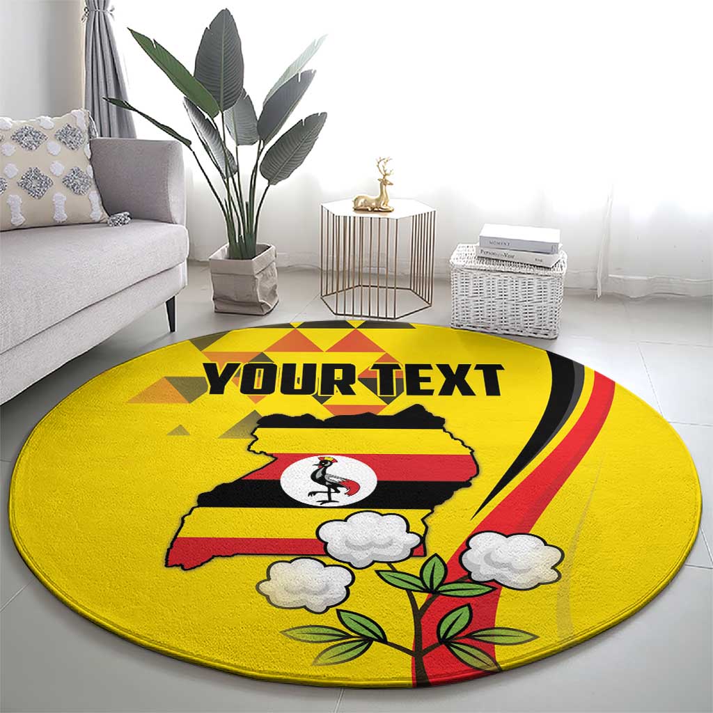 Yellow round area rug with 'YOUR TEXT' text, crane bird, and flowering branch with clouds.