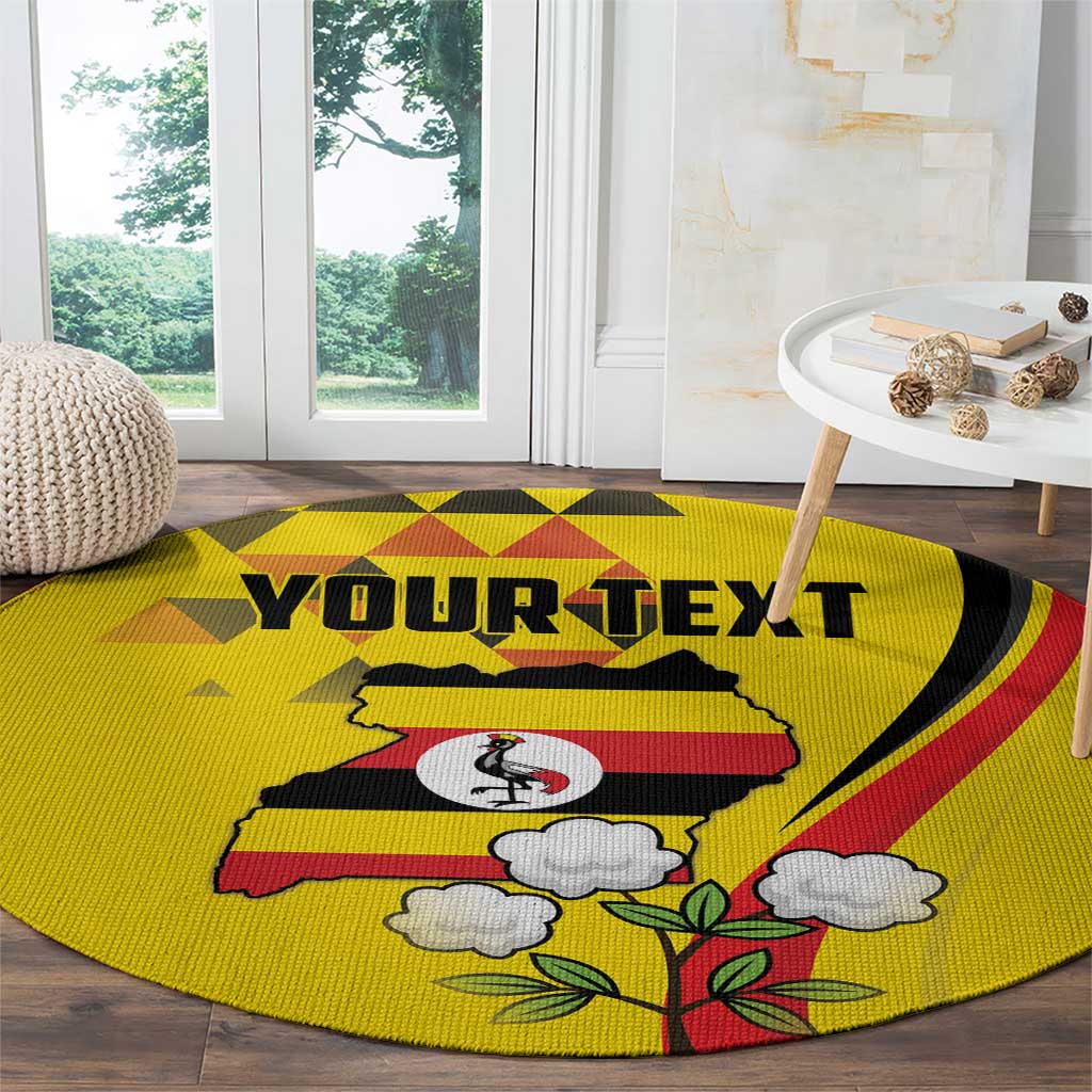 Yellow round area rug with 'YOUR TEXT' banner, crane bird, and clouded tree motif.