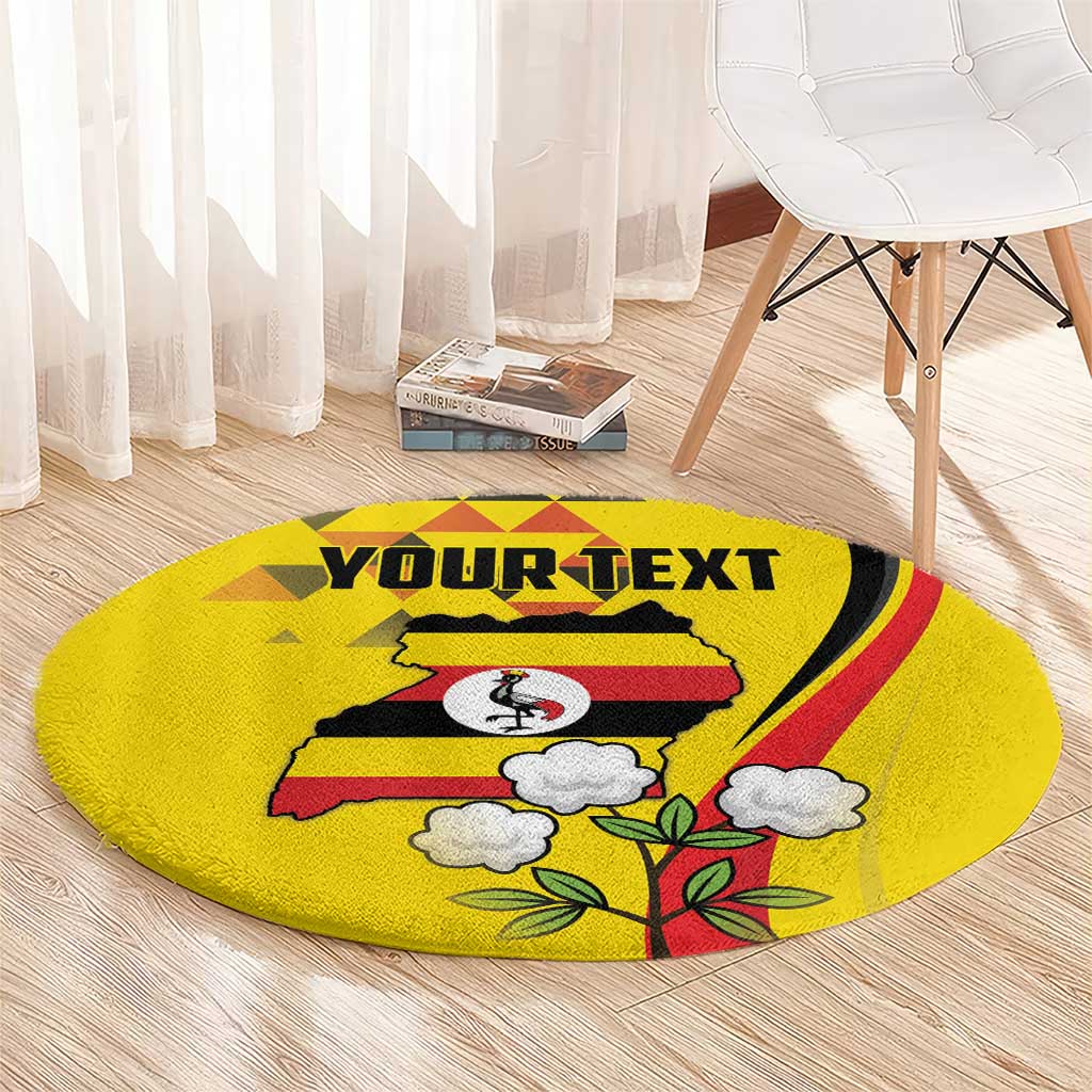 Yellow round area rug with 'YOUR TEXT' text, crane bird, clouds, and red stripe accents.