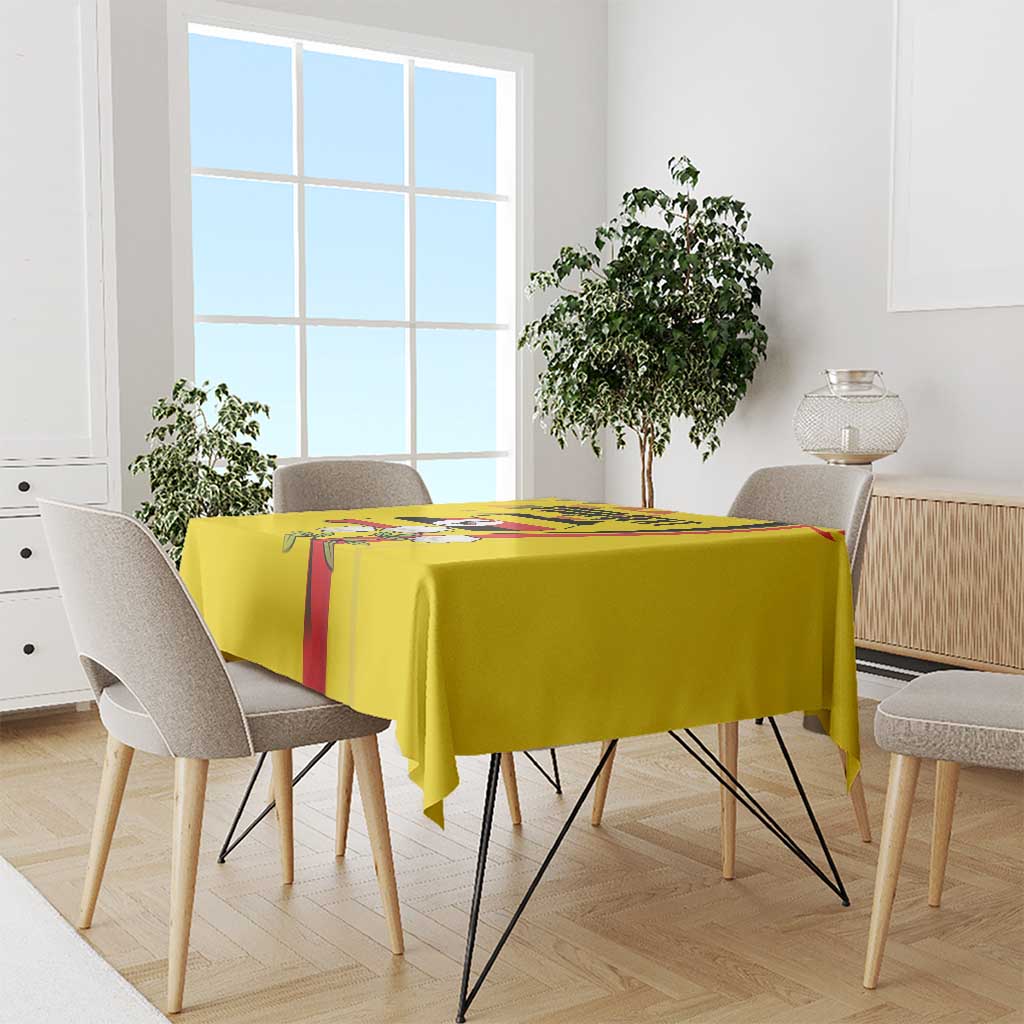Yellow tablecloth with central crowned crane print on red stripe panel