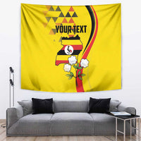 Yellow hanging tapestry with Uganda map design, crown shapes, flowers, and 'YOUR TEXT'