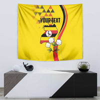 Yellow hanging tapestry with Uganda map, flower accents, and 'YOUR TEXT' headline