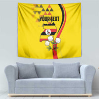 Yellow tapestry with Uganda map and flower design, with 'YOUR TEXT' text area