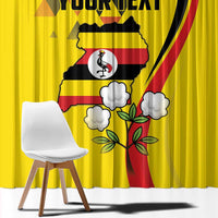 Yellow window curtain with crane bird, cloud motifs, and customizable text block