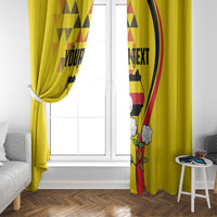 Yellow window curtain panel with crane bird, flowers, and Uganda flag ribbon art