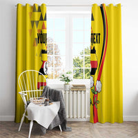 Yellow window curtain with top hanging hooks, crane bird graphic, and Uganda emblem