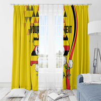 Yellow personalized window curtain with crane bird, Uganda crest, and hanging rod header