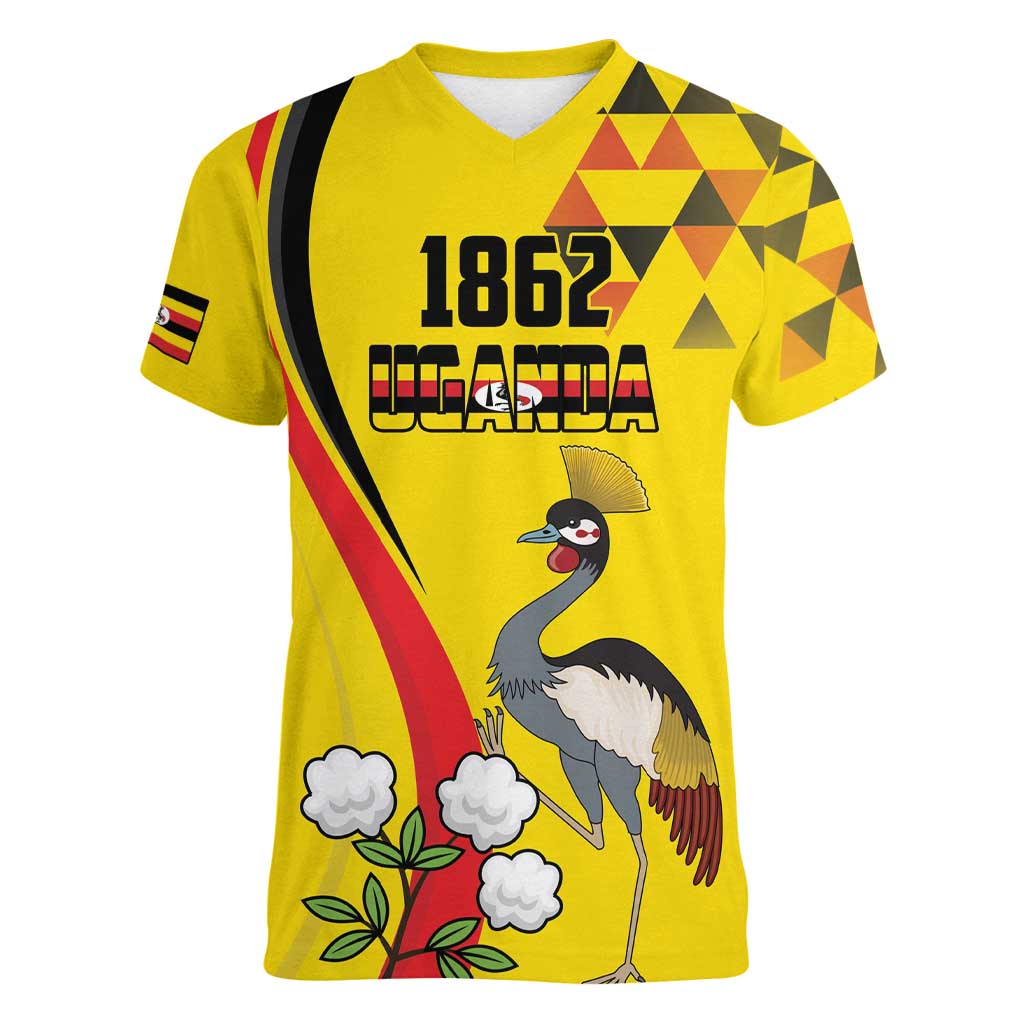 Personalized Uganda Independence Day Women V-Neck T-Shirt Grey Crowned Crane Bird - Wonder Print Shop