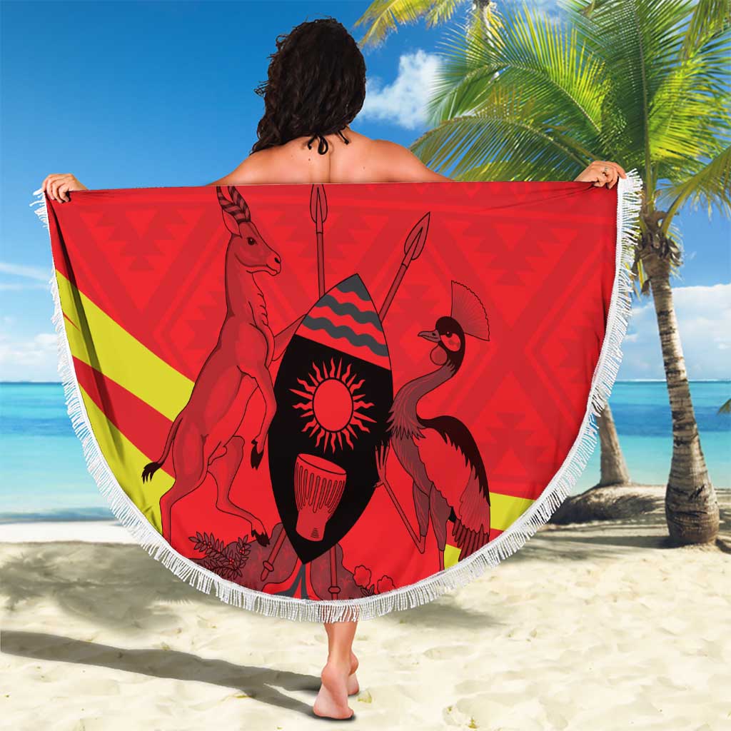 Round red beach blanket with white fringe, 24 Your Text coat-of-arms graphic held up