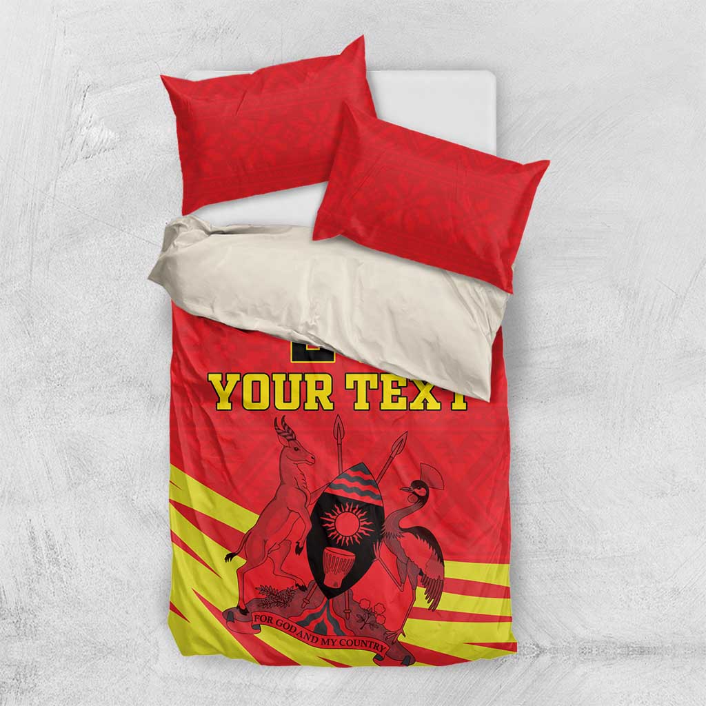 Red and yellow duvet with “YOUR TEXT” and Coat of Arms graphic, plus red pillow covers