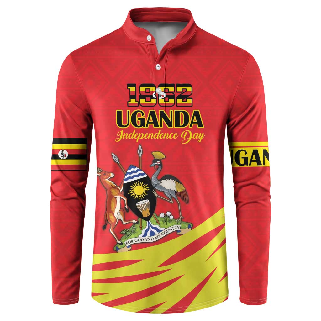 Red button-front sweatshirt with 1962 Uganda Independence Day text and emblem