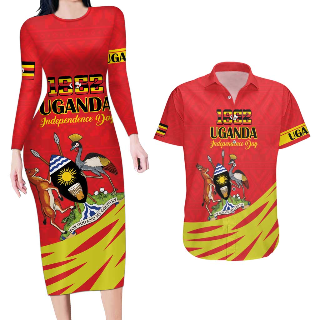 Custom Uganda Independence Day 1962 Couples Matching Long Sleeve Bodycon Dress and Hawaiian Shirt Coat Of Arms With Kente Patterns - Wonder Print Shop