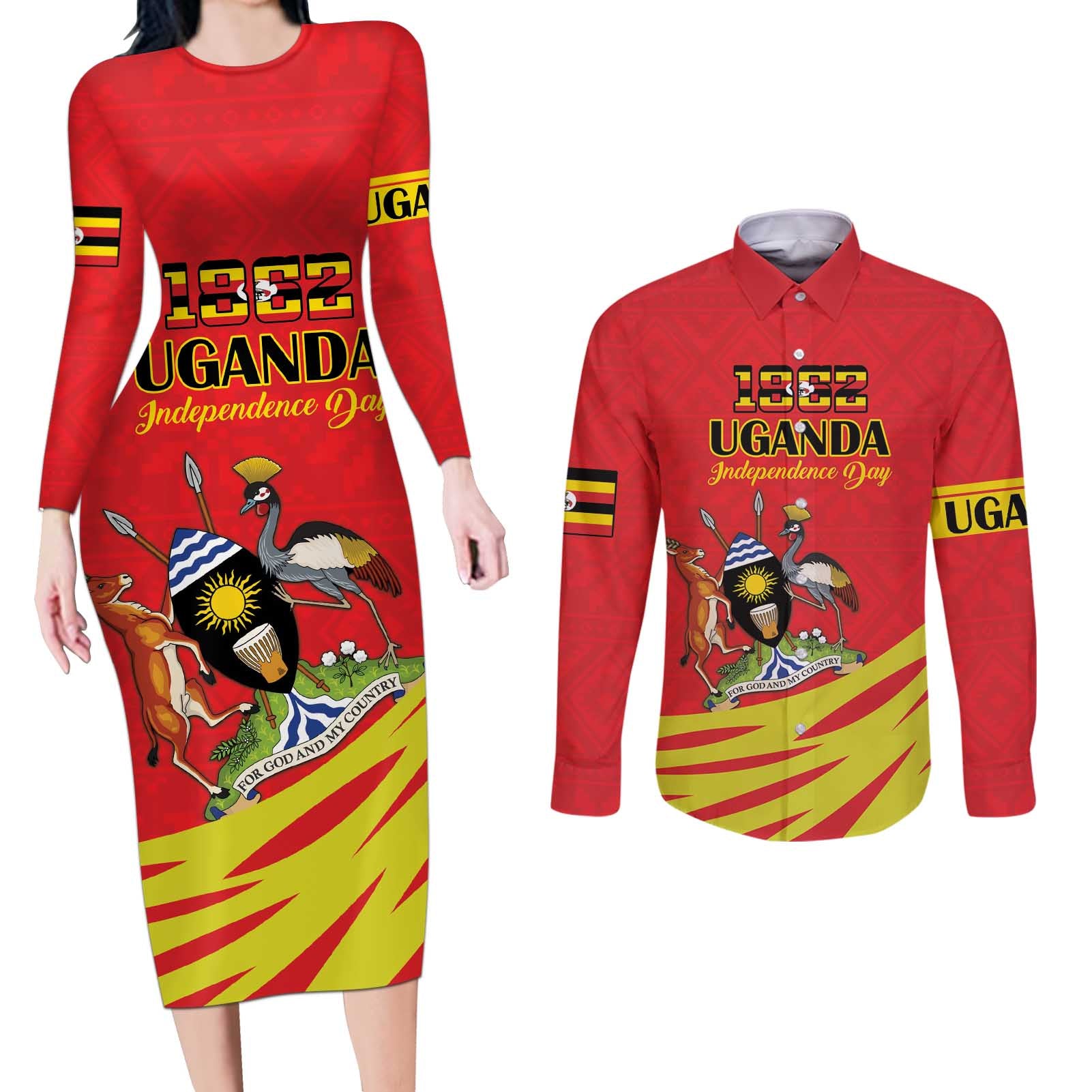 Custom Uganda Independence Day 1962 Couples Matching Long Sleeve Bodycon Dress and Long Sleeve Button Shirt Coat Of Arms With Kente Patterns - Wonder Print Shop