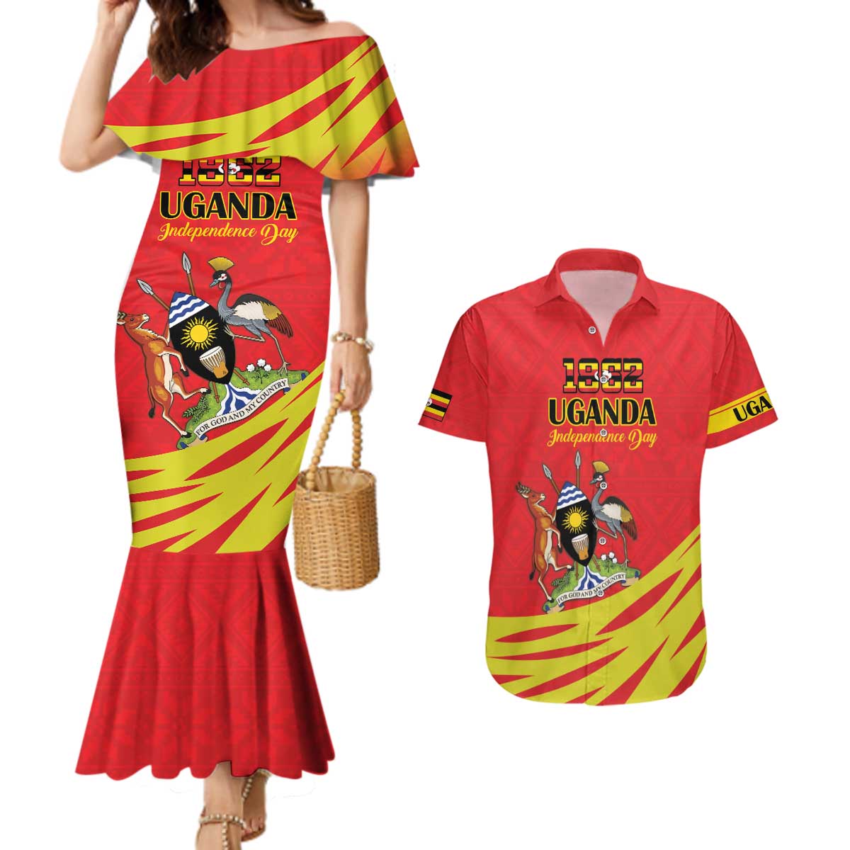 Custom Uganda Independence Day 1962 Couples Matching Mermaid Dress and Hawaiian Shirt Coat Of Arms With Kente Patterns - Wonder Print Shop