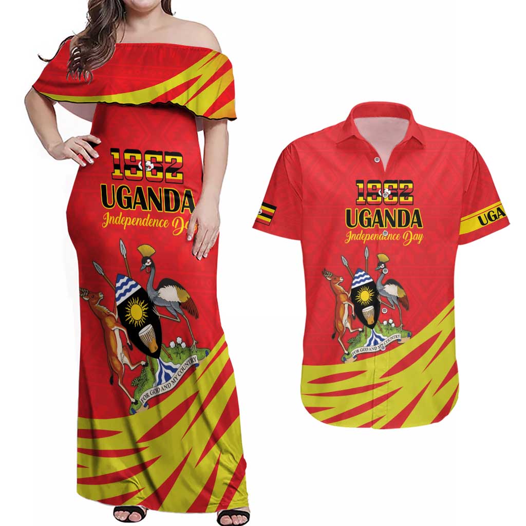 Custom Uganda Independence Day 1962 Couples Matching Off Shoulder Maxi Dress and Hawaiian Shirt Coat Of Arms With Kente Patterns - Wonder Print Shop