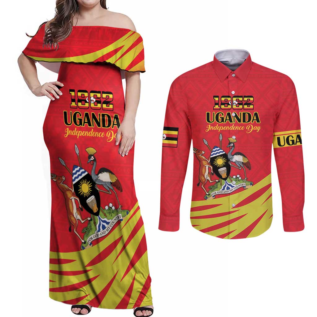 Custom Uganda Independence Day 1962 Couples Matching Off Shoulder Maxi Dress and Long Sleeve Button Shirt Coat Of Arms With Kente Patterns - Wonder Print Shop