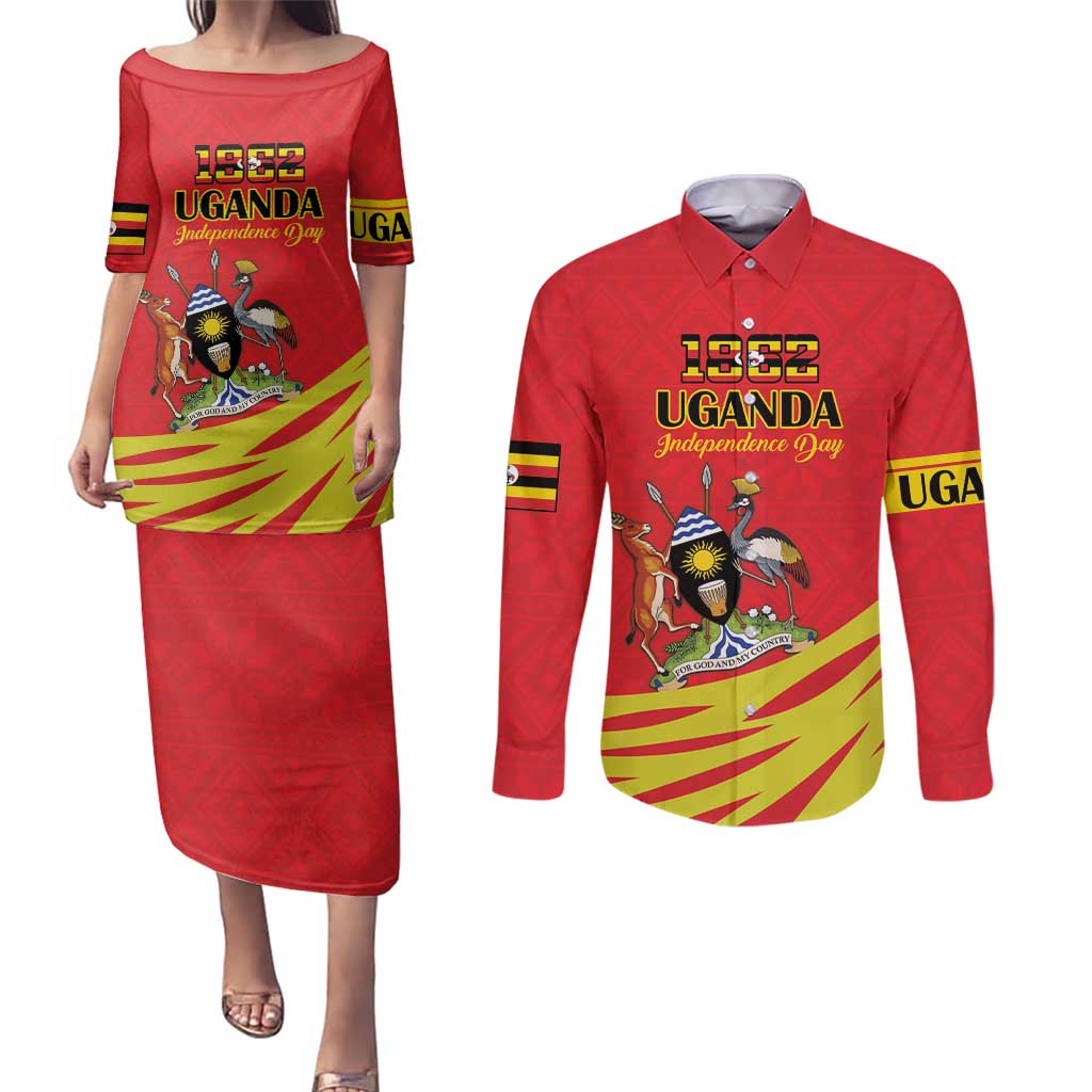 Custom Uganda Independence Day 1962 Couples Matching Puletasi and Long Sleeve Button Shirt Coat Of Arms With Kente Patterns - Wonder Print Shop