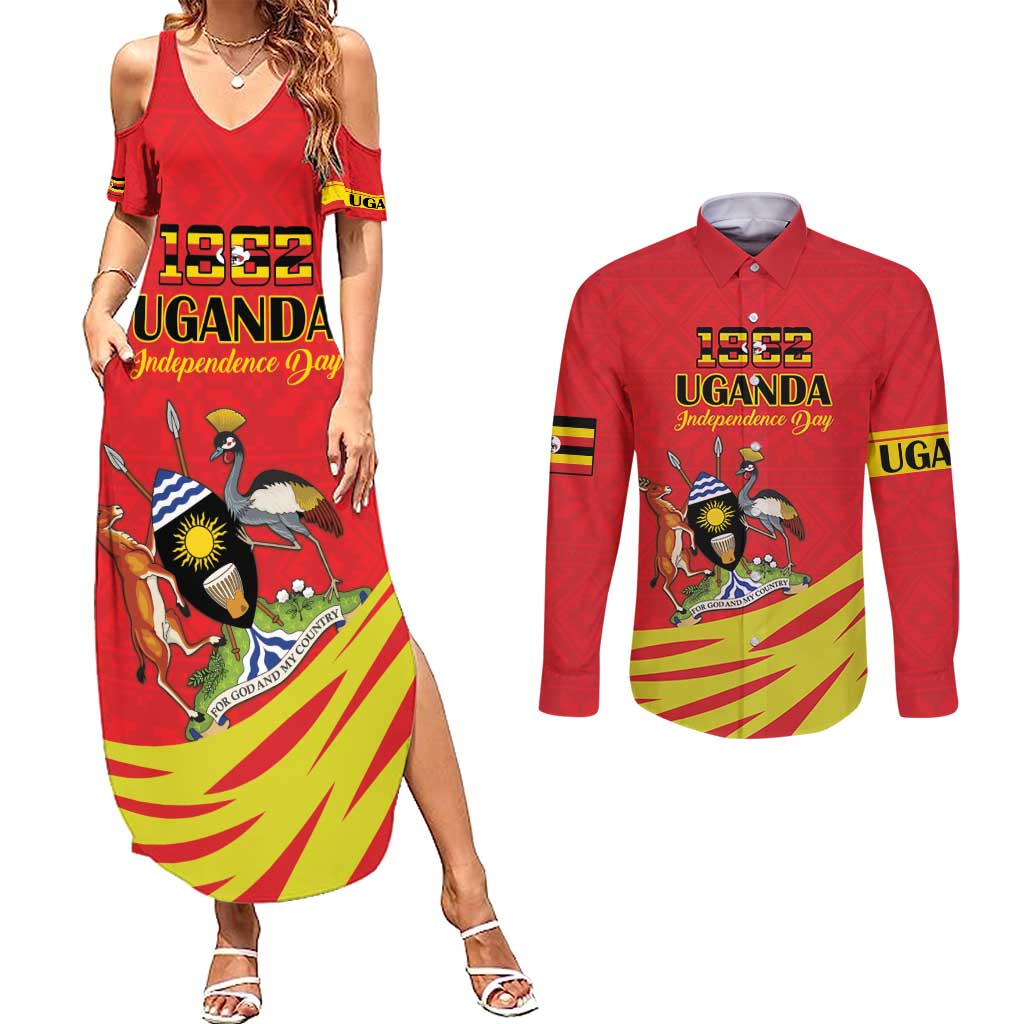 Custom Uganda Independence Day 1962 Couples Matching Summer Maxi Dress and Long Sleeve Button Shirt Coat Of Arms With Kente Patterns - Wonder Print Shop