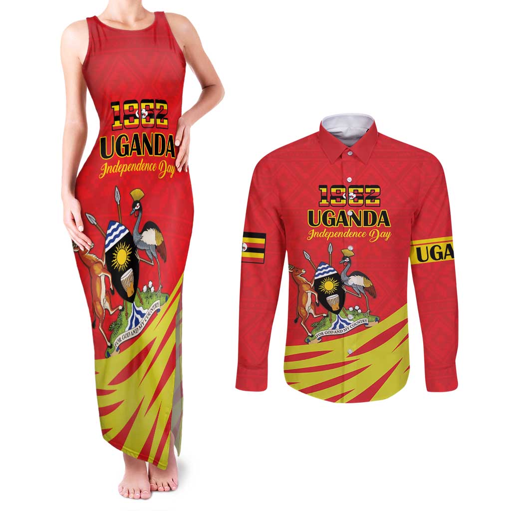 Custom Uganda Independence Day 1962 Couples Matching Tank Maxi Dress and Long Sleeve Button Shirt Coat Of Arms With Kente Patterns - Wonder Print Shop