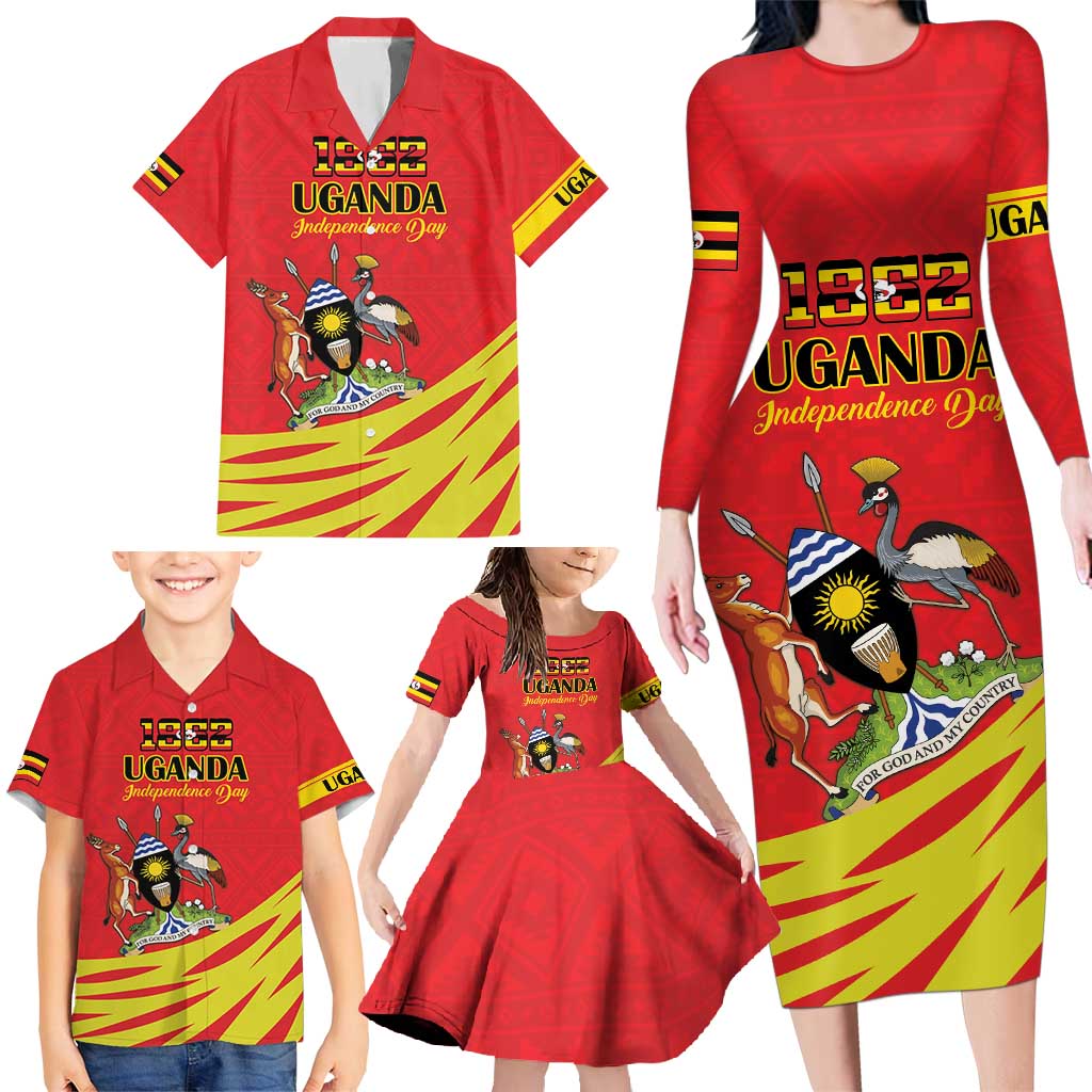 Custom Uganda Independence Day 1962 Family Matching Long Sleeve Bodycon Dress and Hawaiian Shirt Coat Of Arms With Kente Patterns - Wonder Print Shop